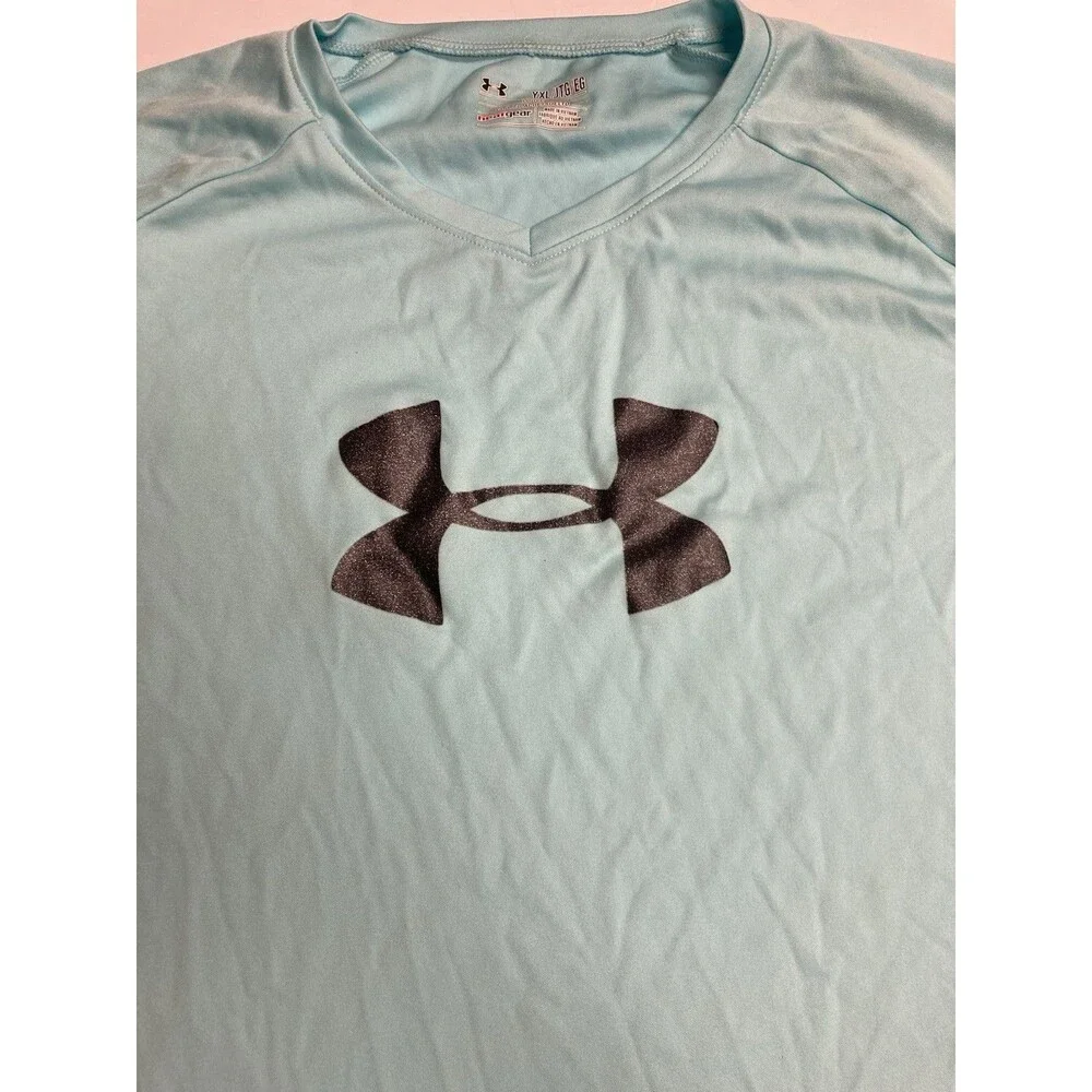 Under Armour HeatGear Boys YXL Blue Loose V-Neck Short Sleeve Logo Tee